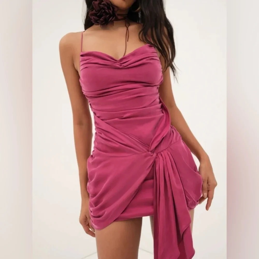 For Love & Lemons Ruched Mini Dress NWT XS Magenta Pink Cupro Cowl Neck Cocktail